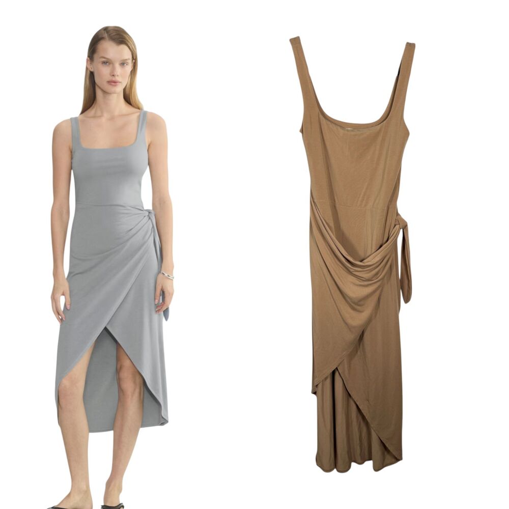 Wilfred Aritzia Saturn Midi Dress Drapy Midi Resort Wrap Dress Beige Size Small